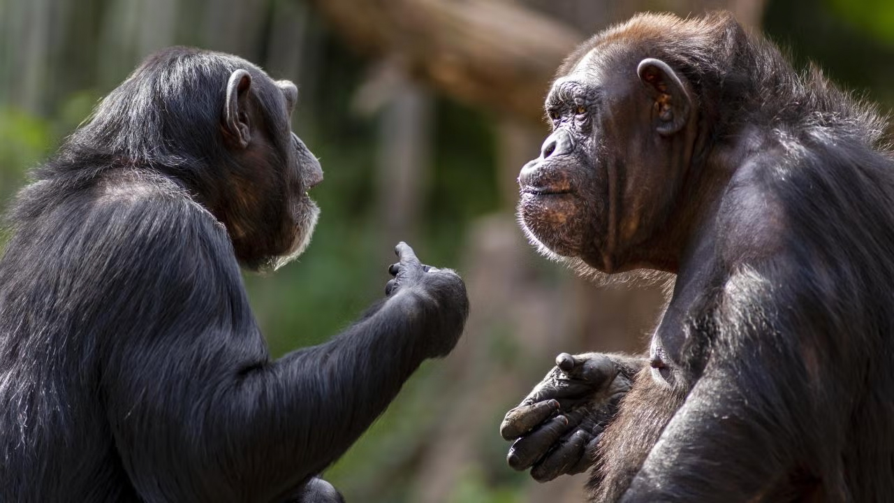 Two chimpanzees communicating with each other