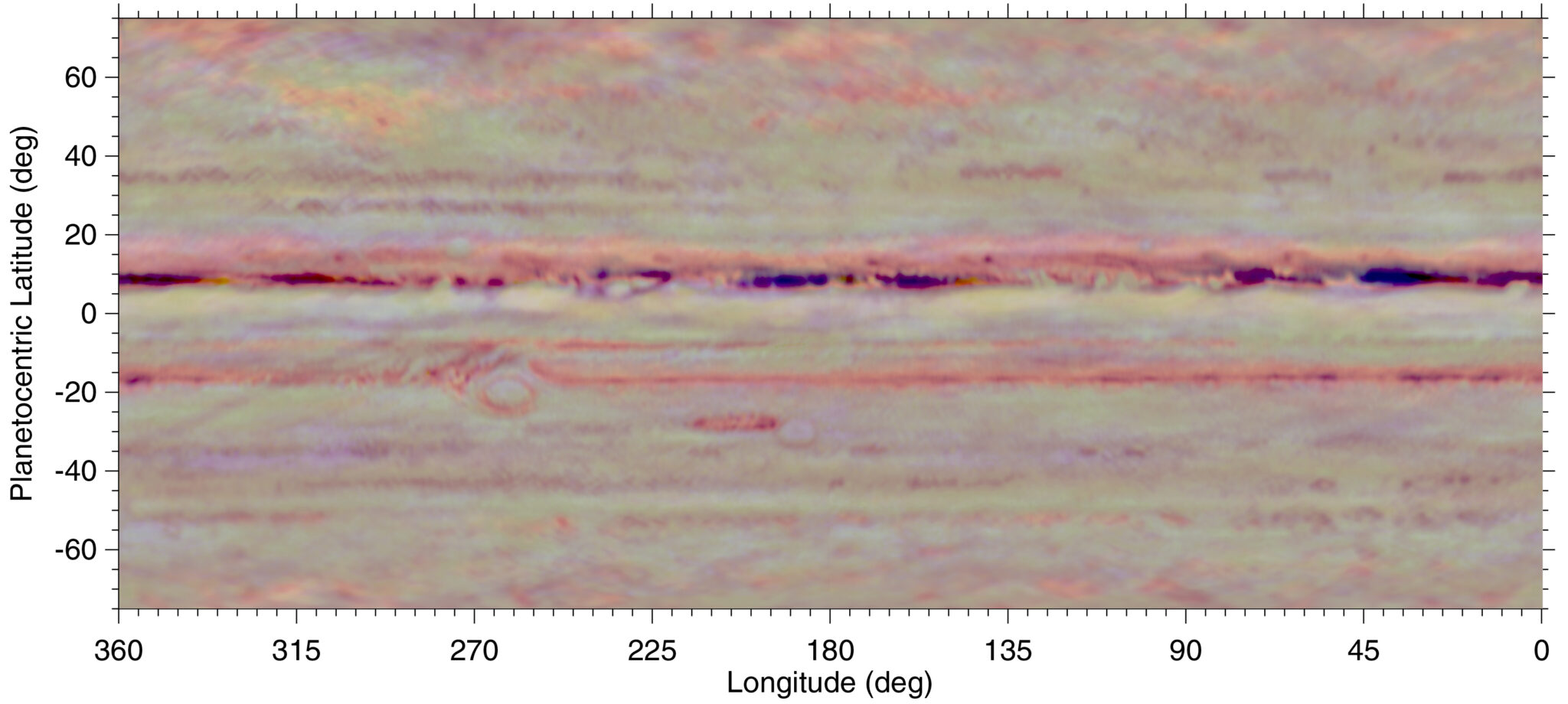 A flattened map of Jupiter reveals the distribution of ammonia beneath the planet’s cloud tops, extending tens of miles below the visible cloud deck.