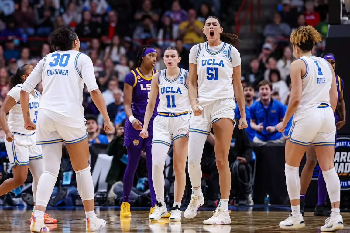 Five UCLA women's basketball players in home white jerseys celebrate around Lauren Betts, No. 51, who is shouting excitedly