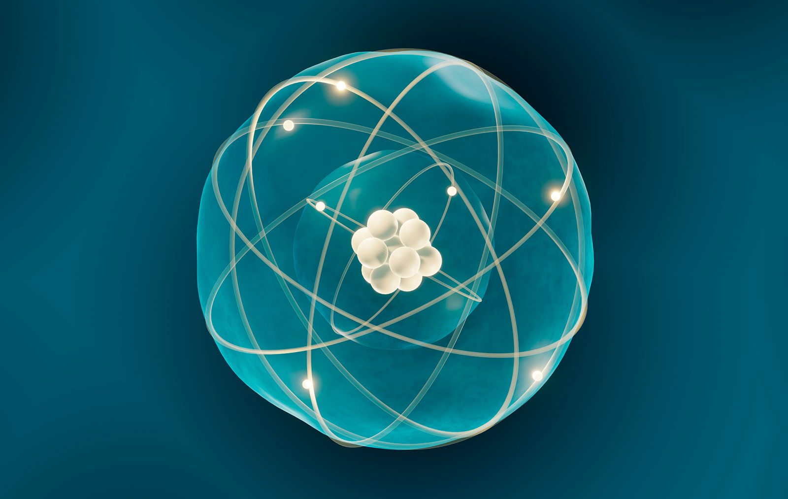 Illustration of an atom showing electrons orbiting along set paths in concentric spheres around the nucleus.