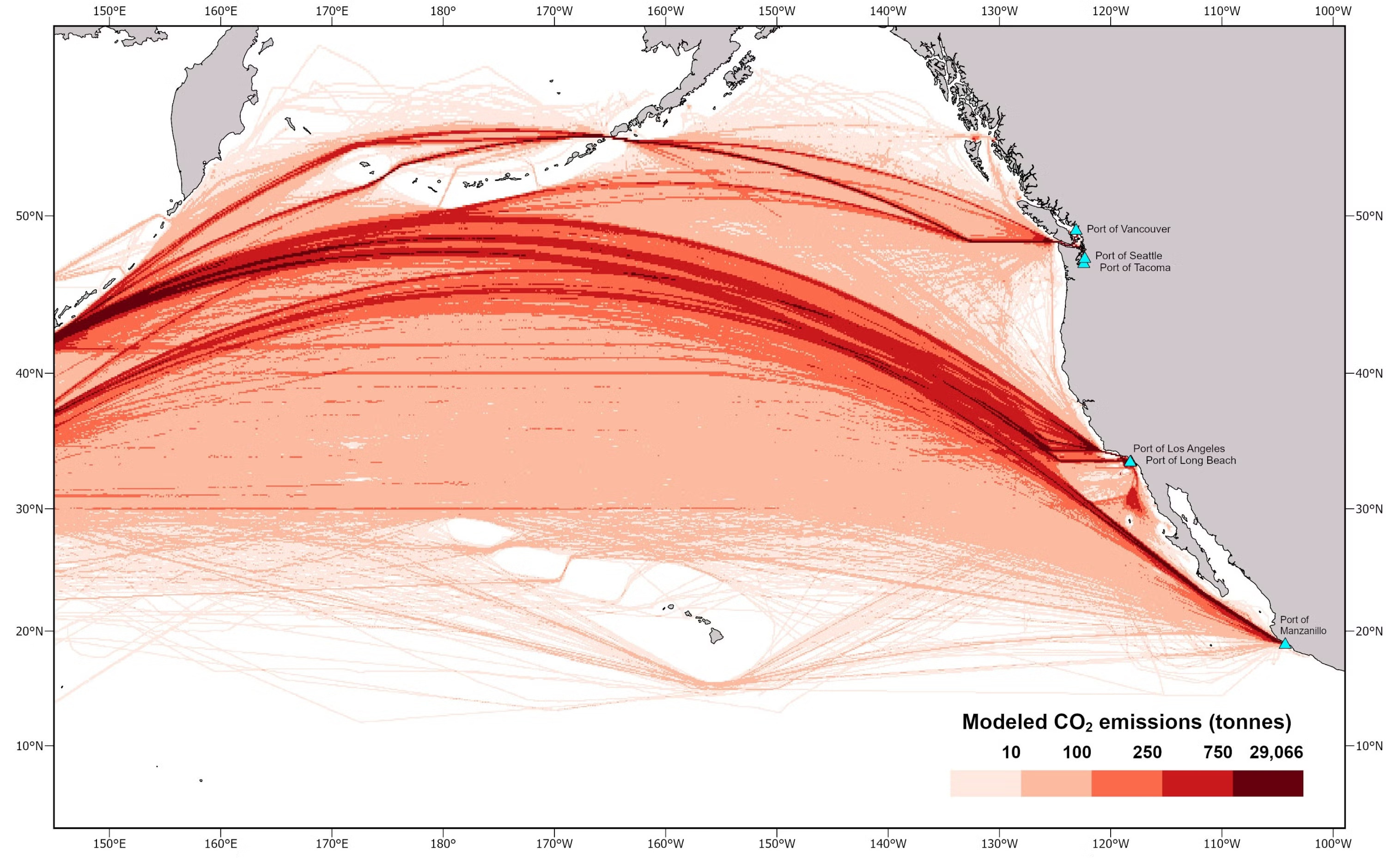 A model of CO2 emissions laid out over a map of the Pacific Ocean and West Coast of the U.S.; emissions are shown in a light red span, with dark red lines arcing to ports on the West Coast of the U.S.