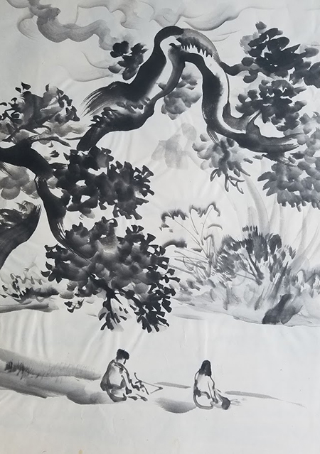 An ink painting of two people sitting under a large tree