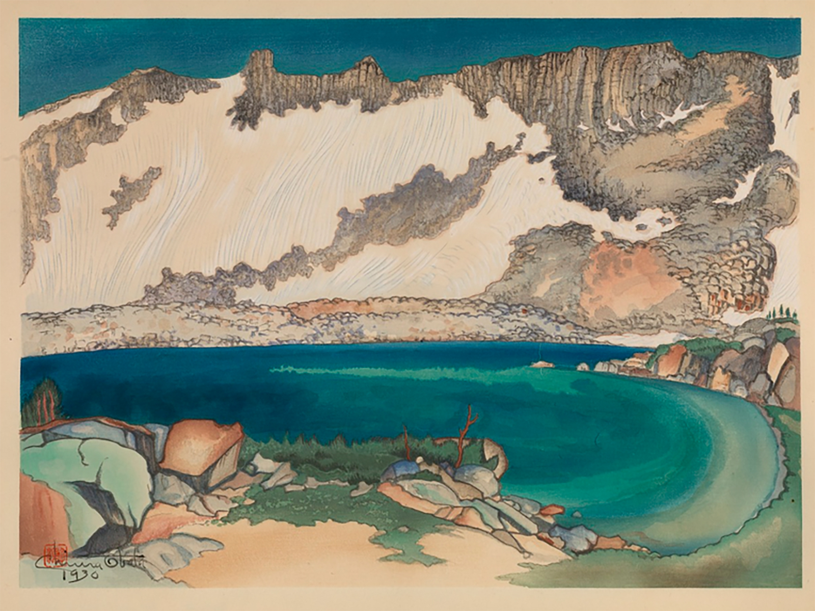 A painting of a brilliant blue-green alpine lake with a rocky snow-covered ridge rising up from its shore