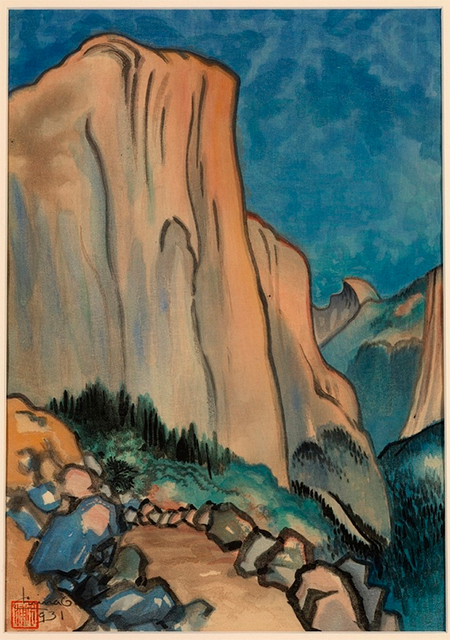 A painting of a rock wall rising up against a blue sky in the wilderness, with a trail in the foreground