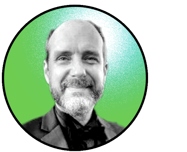 Matthew McCarroll smiles at the camera . The image frame is circular and cropped closely around Brian's face, which is in black and white, against a green background.