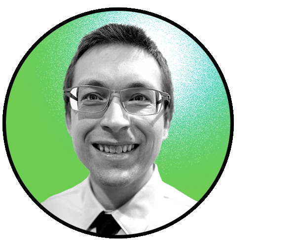 Michael Bokoch smiles at the camera wearing glasses. The image frame is circular and cropped closely around Brian's face, which is in black and white, against a green background.