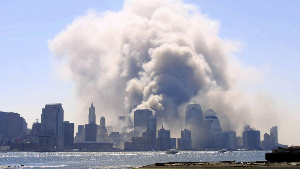 The Manhattan skyline on 9/11 with a plume of smoke