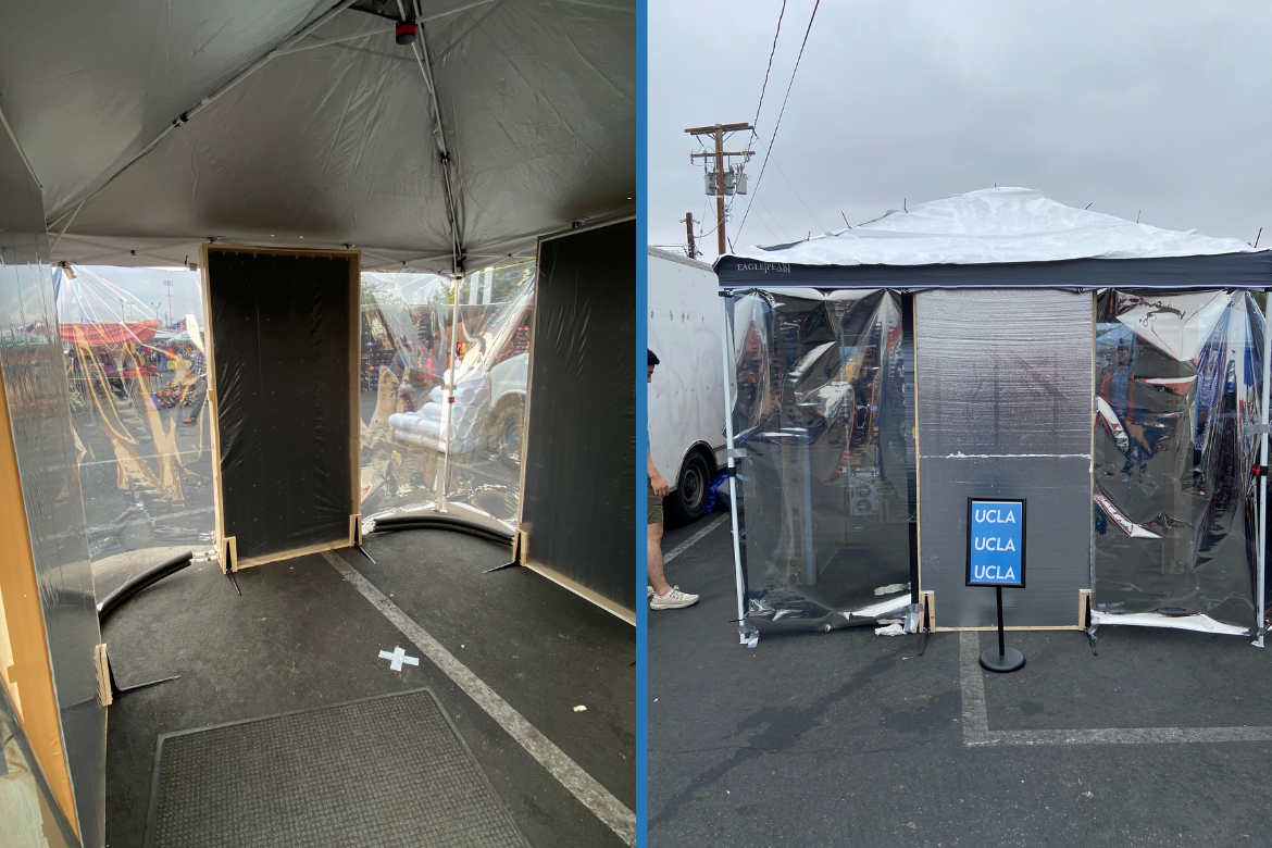 Interior and exterior of a tent structure with three hydronic radiant-cooling aluminum panels and polymer film walls
