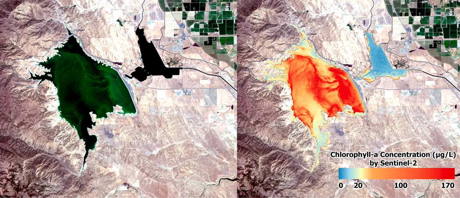 Side-by-side map views of the same region; on the left, the reservoir is green, on the right, the reservoir is shown in heatmap view, indicating the concentration of chlorophyll
