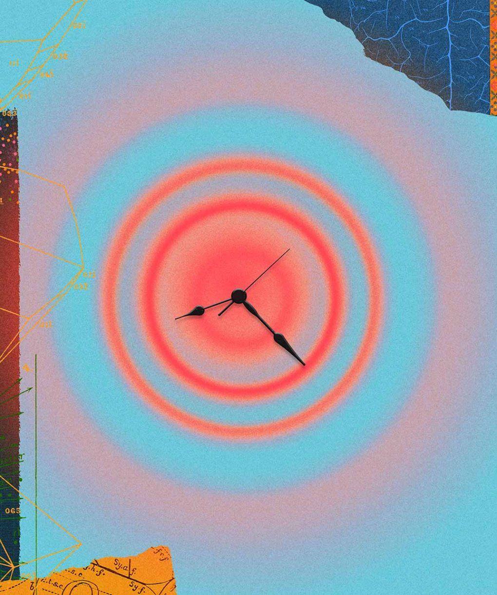 The hands of a clock on a large red dot with red concentric circles emanating from it, representing pain