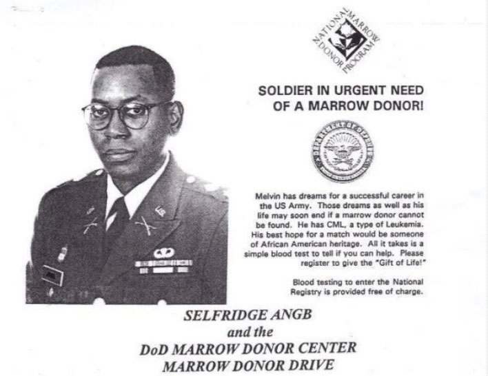A black and white copy of a flyer headlined "Soldier in urgent need of a marrow donor!" with a photo of Mel Mann in military uniform.