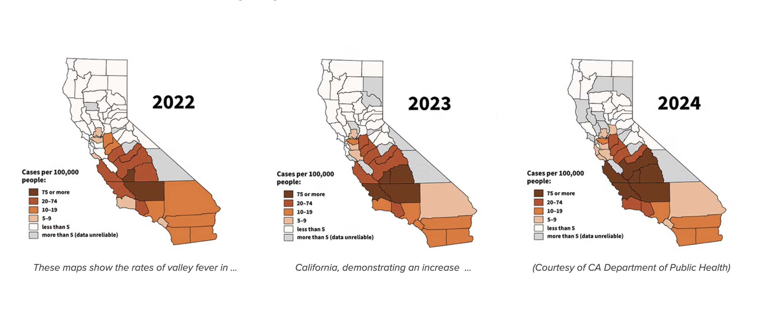 Maps of California in 2022, 2023, and 2024, with ever darkening patches particularly in the middle and south parts of the state,demonstrating the increase in cases across the state