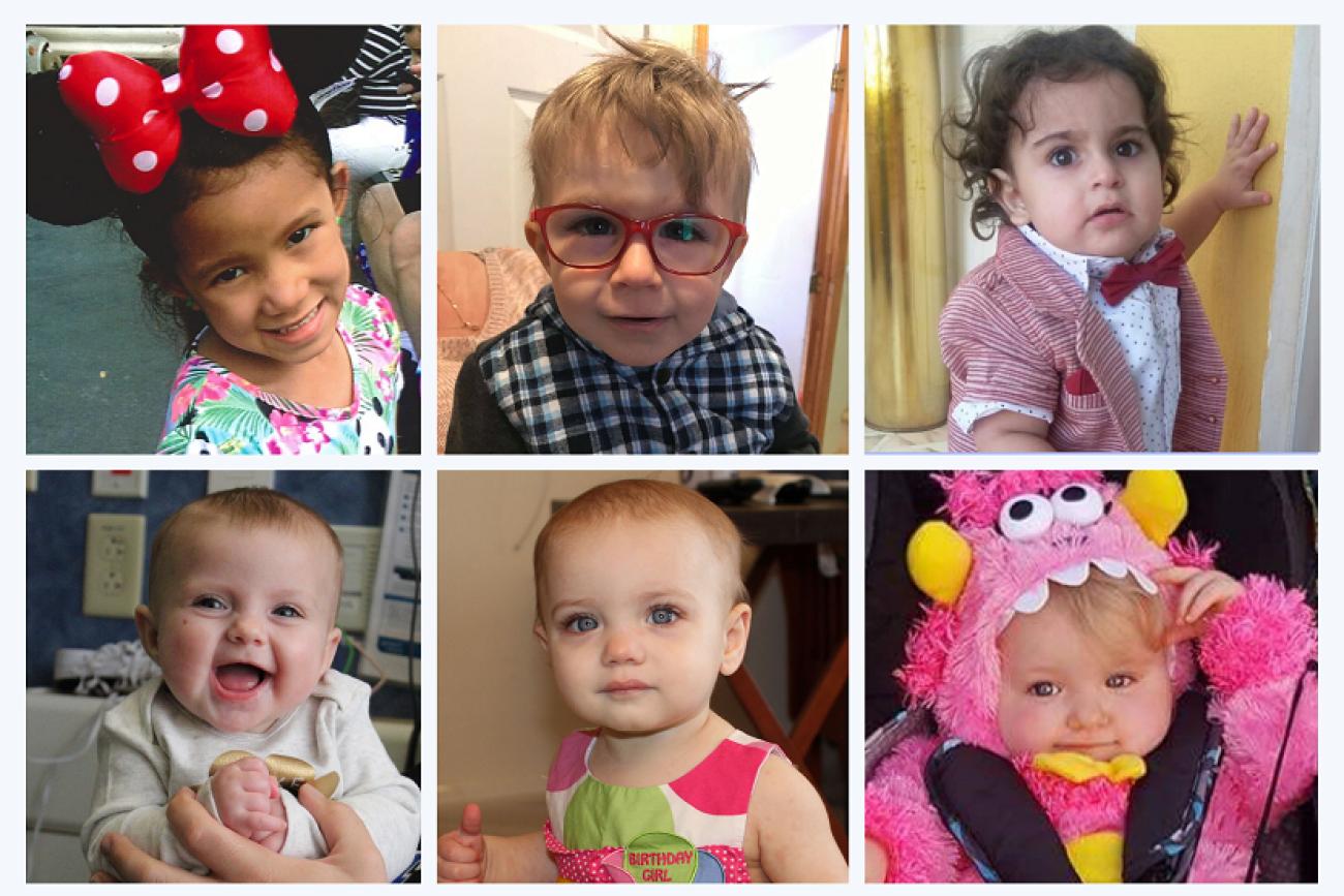 Six toddlers smile for the camera in a grid of photos