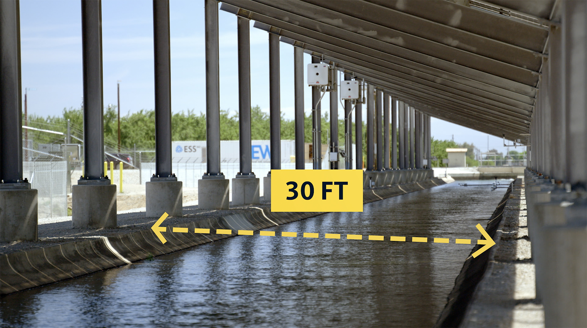 A set of solar panels over a canal with a yellow dotted line with arrows at each end that has 30 FT written over it