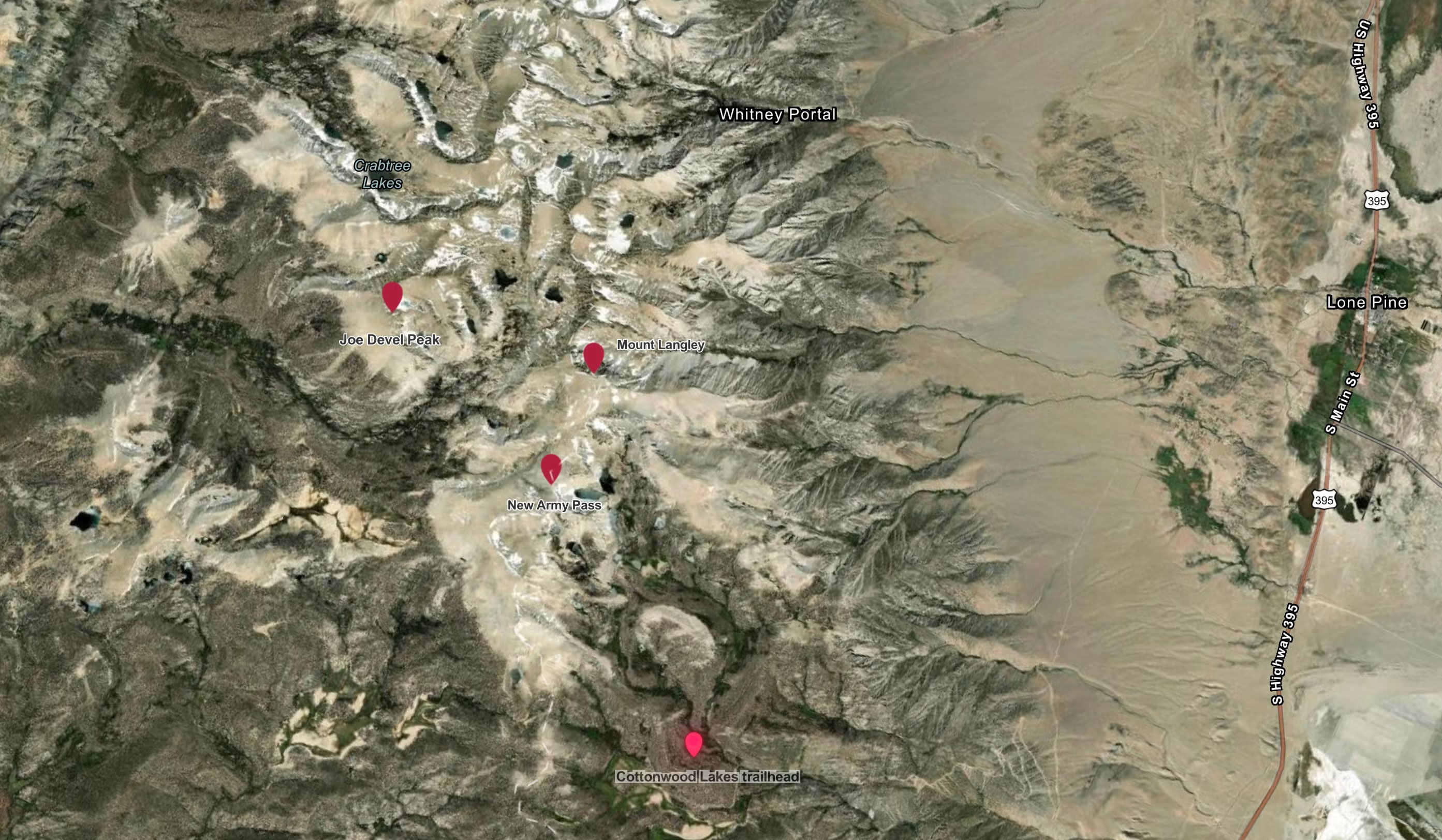 Satellite view of the Sierra Nevada with red dots marking various locations