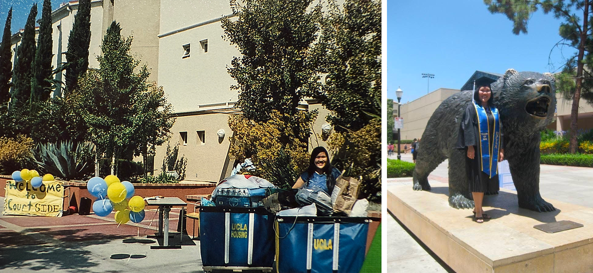 A woman with two loaded rolling bins in front of a UCLA dorm and a second picture of the same woman in graduation regalia posing next to a statue of a bear
