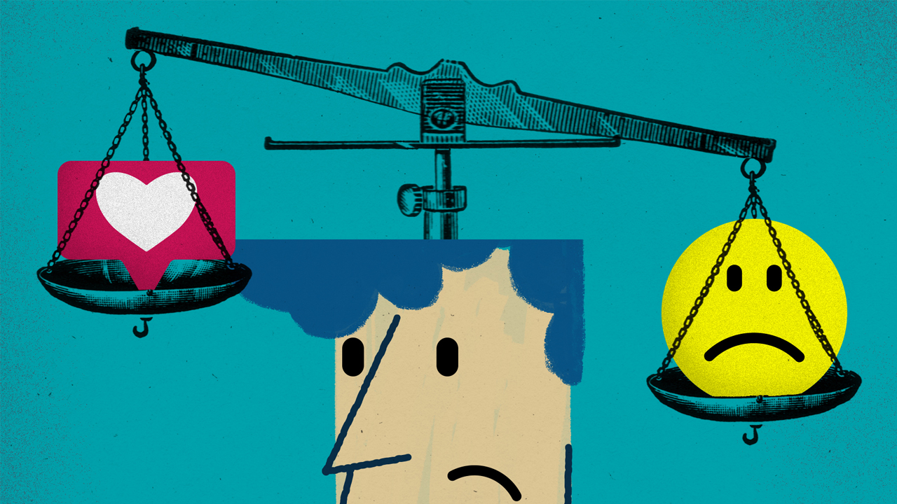 An illustration of a person with scales on their head. One side has a heart and another has a frown