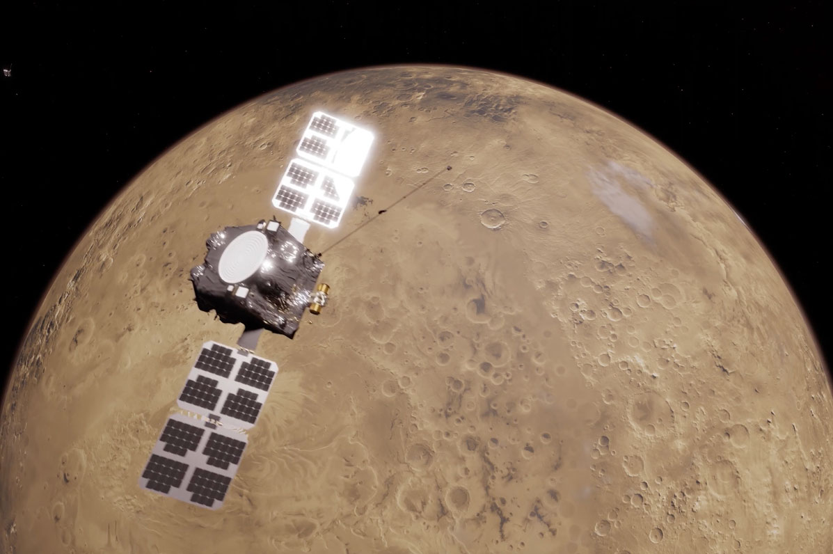 Artist's rendering of a satellite passing over the surface of Mars