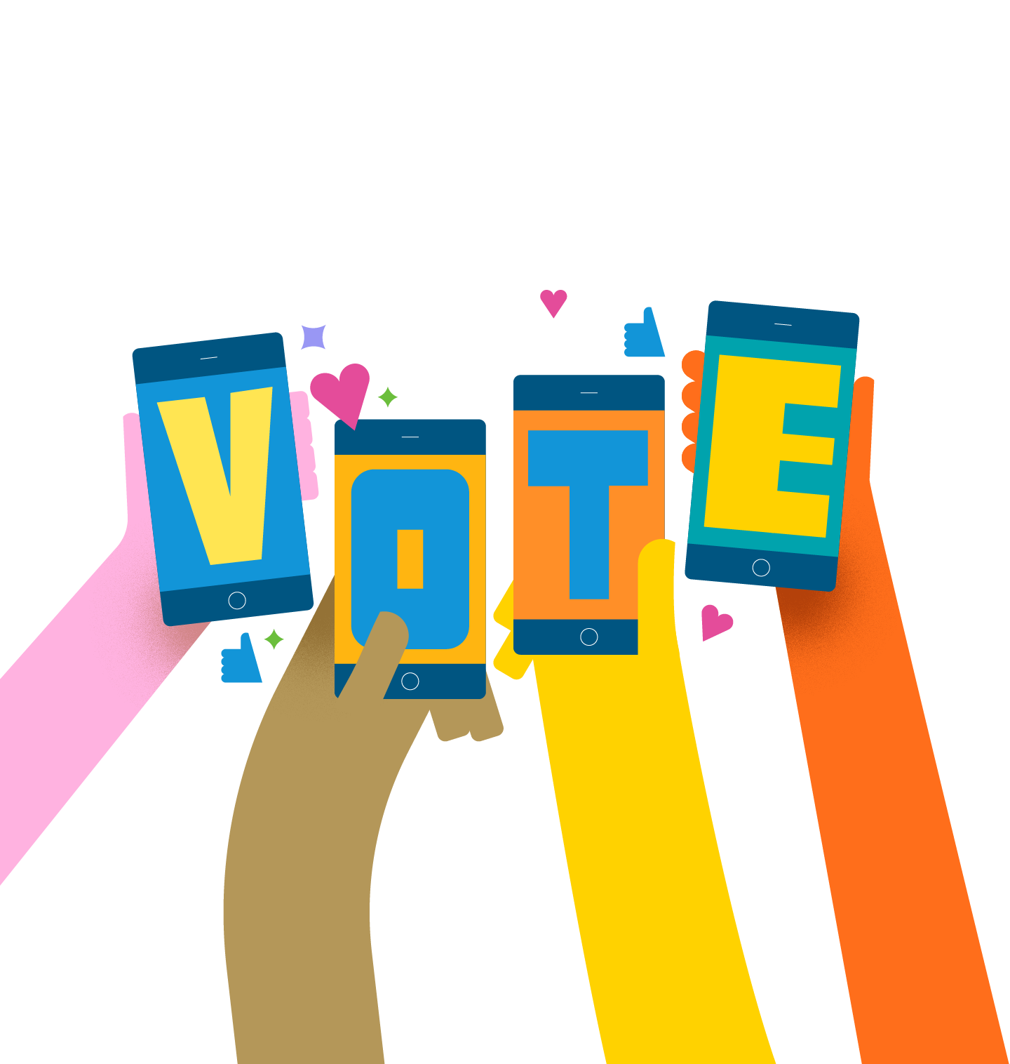 Four hands of different colors hold smartphones, each displaying a letter that spells 'VOTE.'