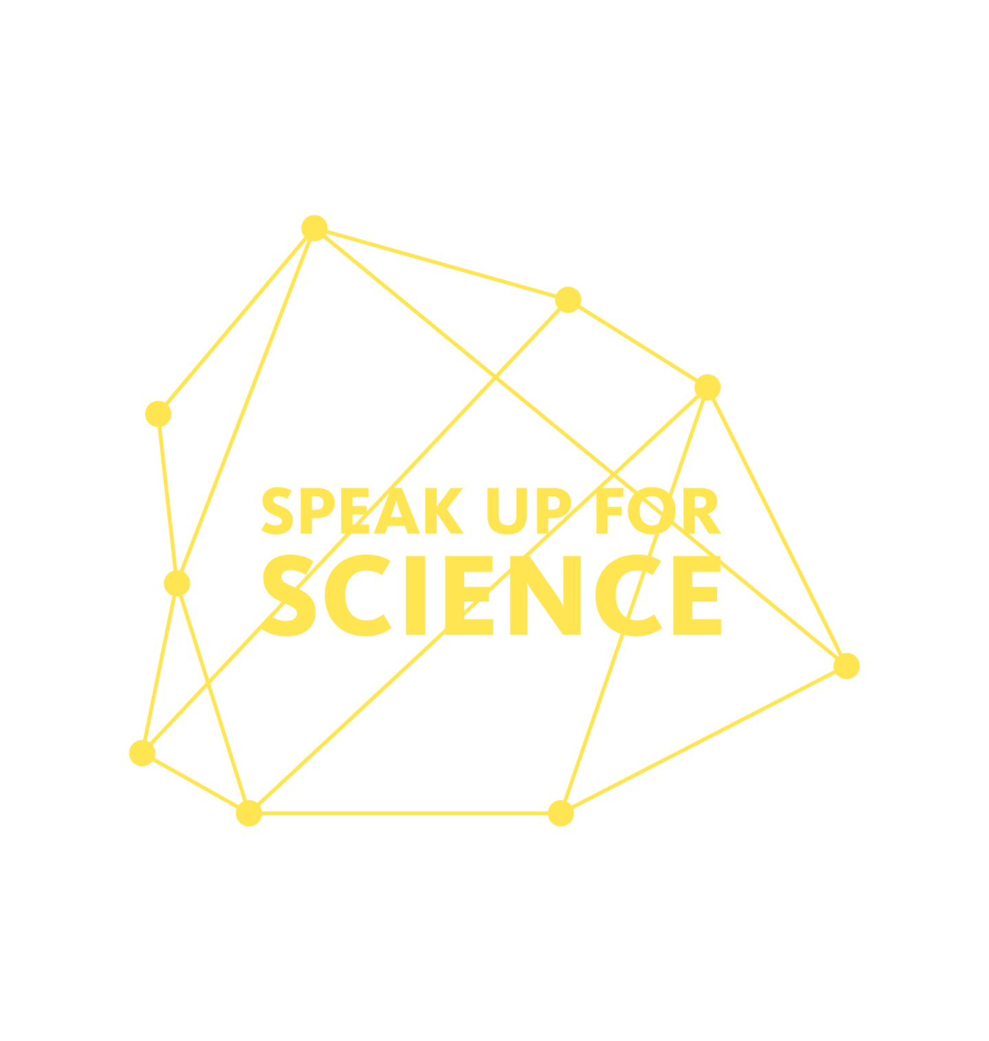 The words "Speak up for science" in yellow on top of a background with abstract lines and dots.