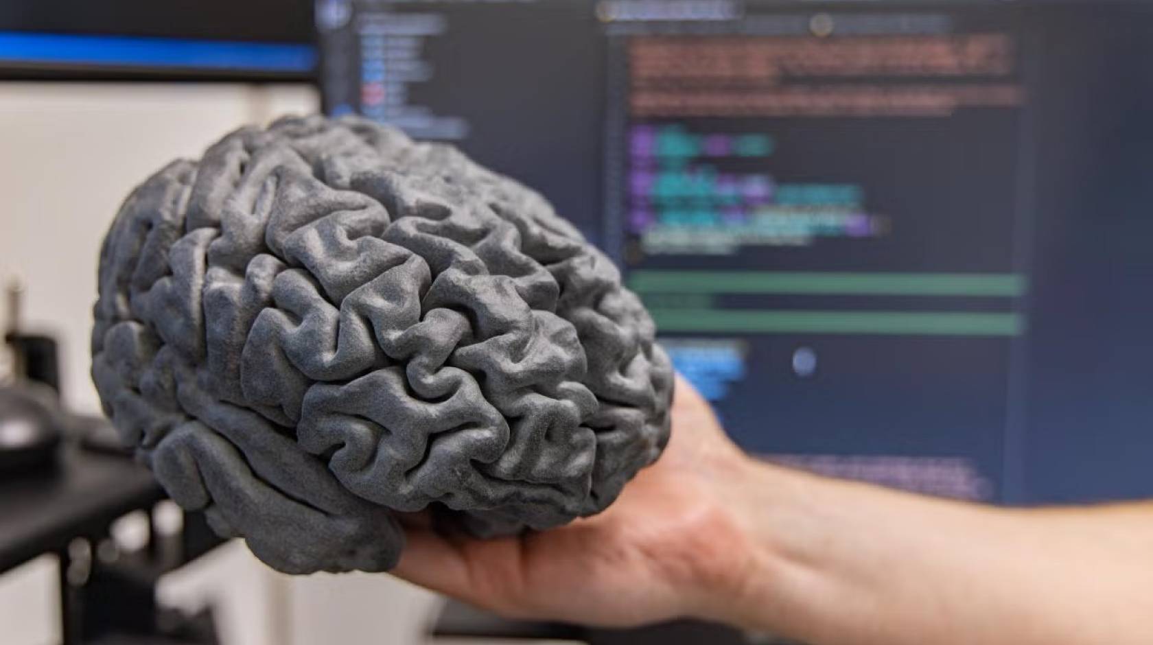 A hand holds a gray model of a human brain