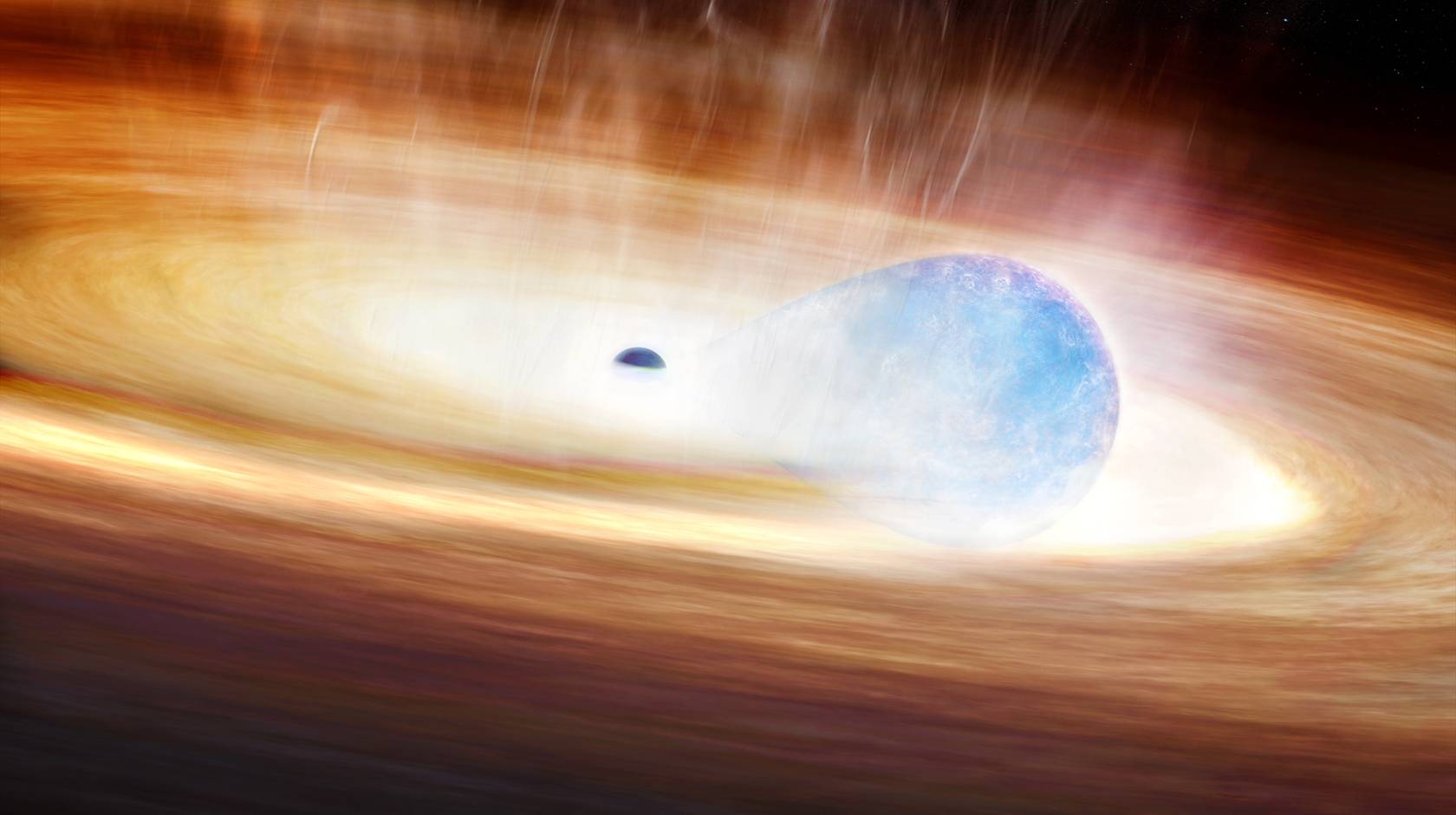 Artistic depiction of the explosive interaction between the black hole and the massive nearby star