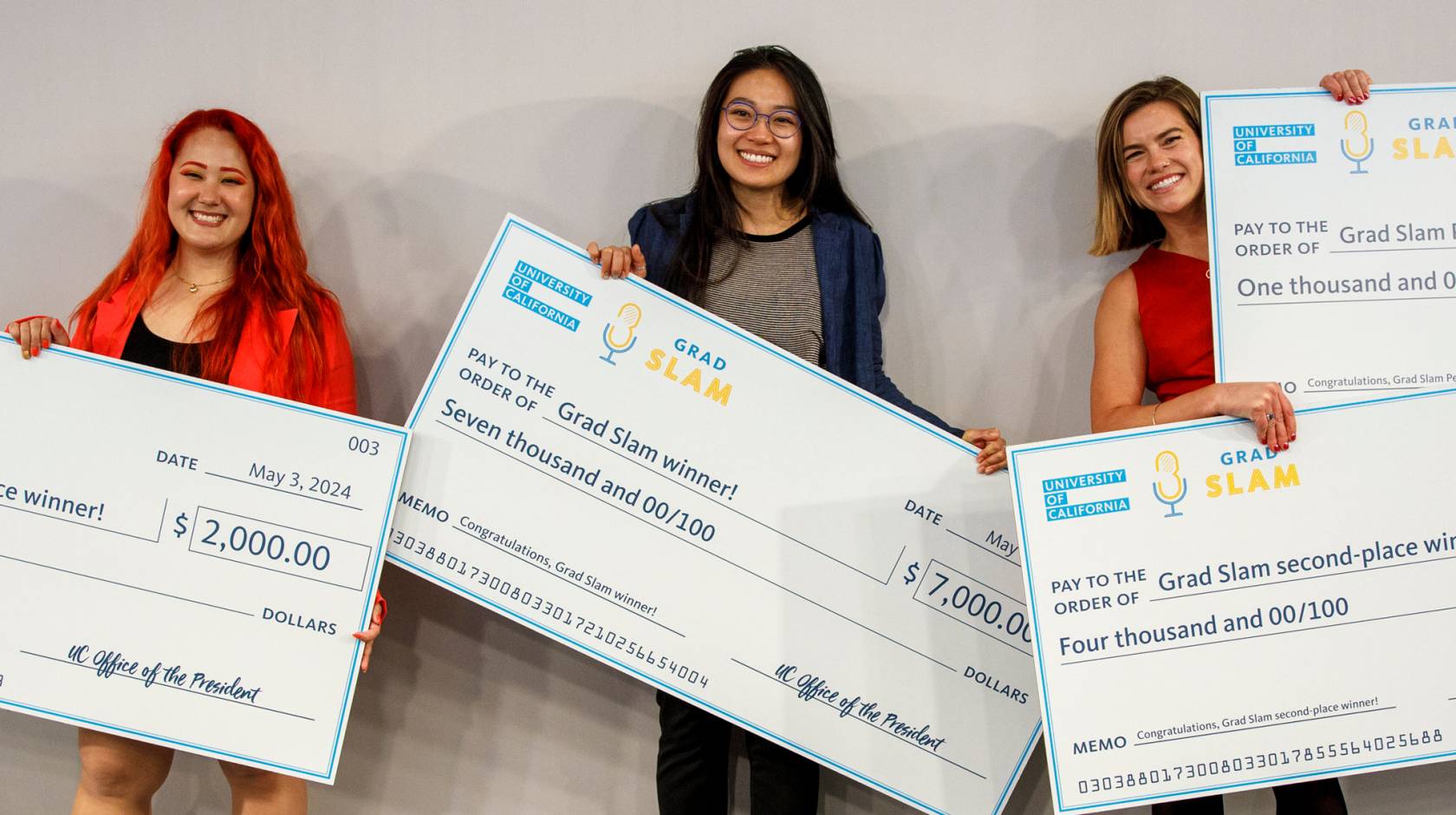 Three women posing with giant checks