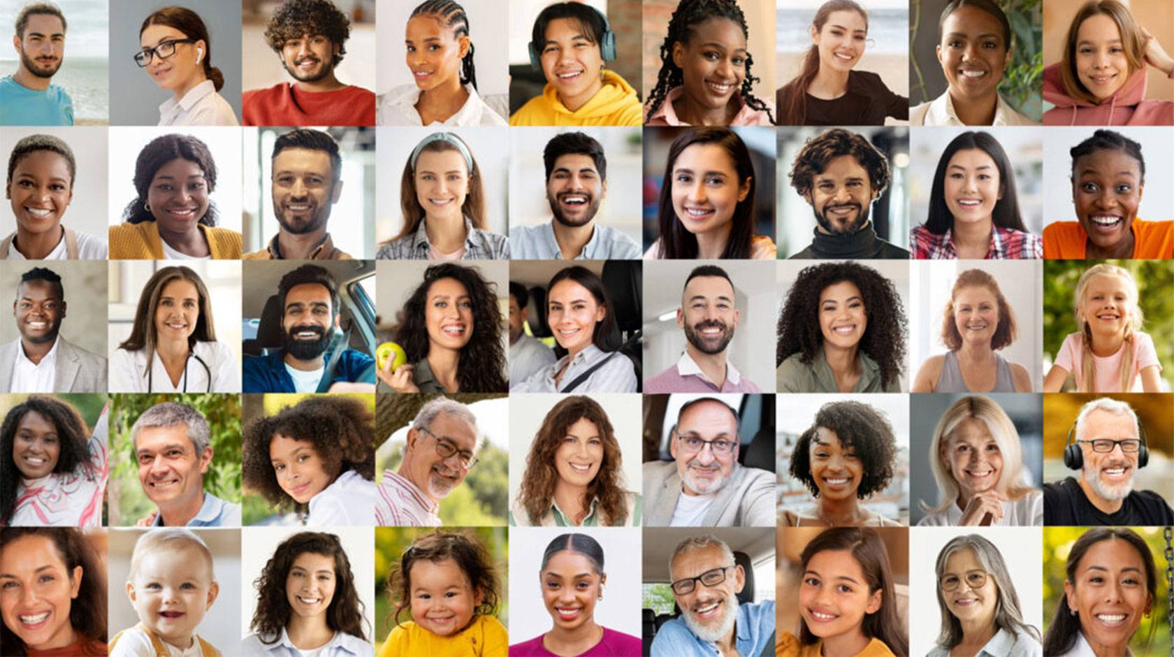 A 9x5 grid of photos of faces of people of varying ages, races and genders
