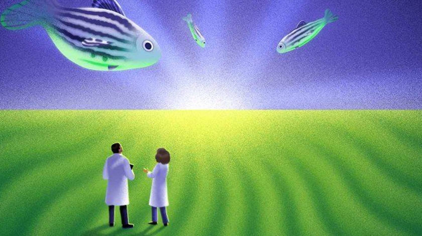 An illustration showing giant purple and green zebra fish floating in a purple sky, above 2 figures in white doctor's coats who stand in a zebra-striped green field, looking up. 