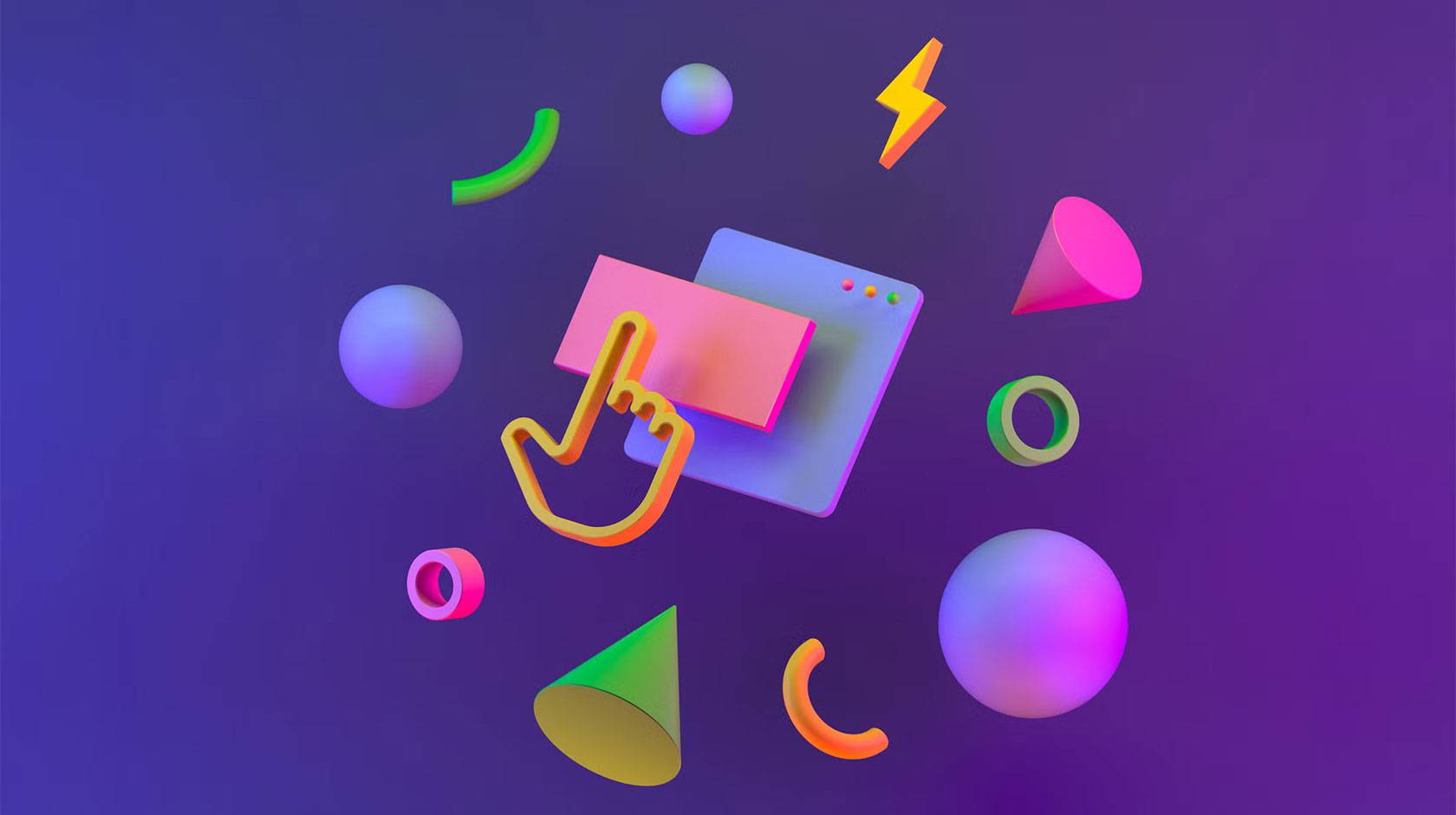 Colorful 3D geometric shapes—spheres, cones, rings, and curved tubes—float around a stylized cursor hand pressing a pink rectangular button on a simplified computer window. The objects glow with neon gradients against a dark purple background, creating a playful, futuristic scene.