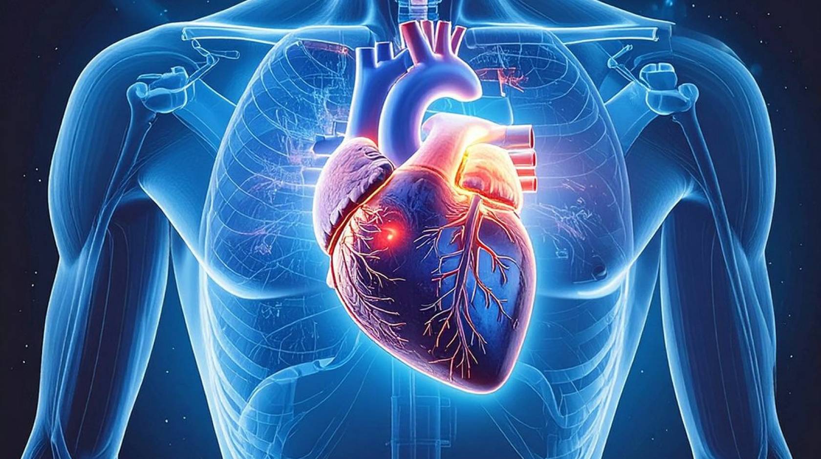 Illustration of a glowing red heart inside a transparent blue chest cavity