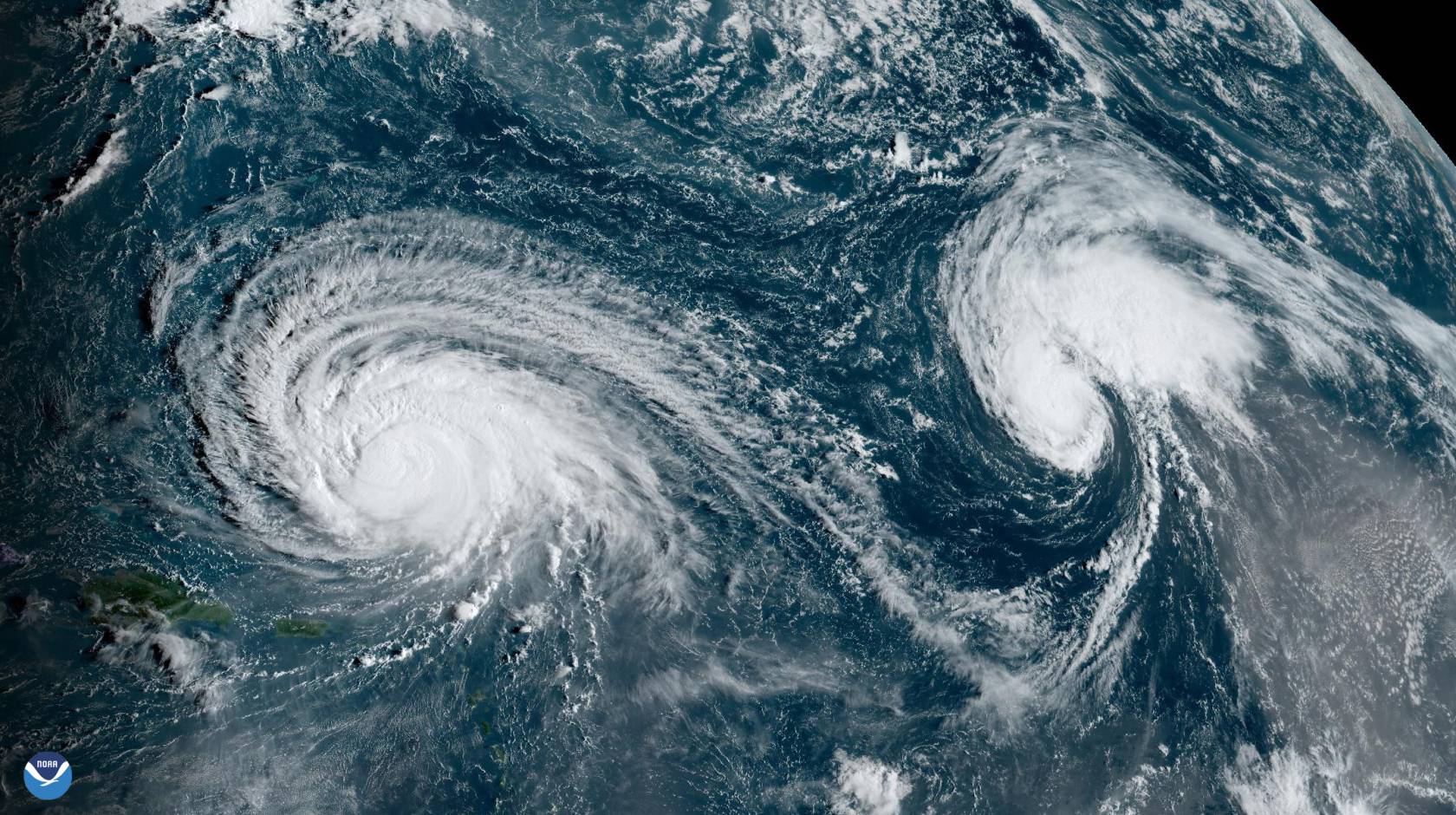 An aerial / topographical view of a hurricane with two eyes