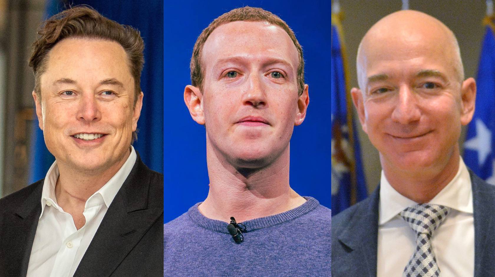 Elon Musk, Mark Zuckerberg and Jeff Bezos headshots in a collage