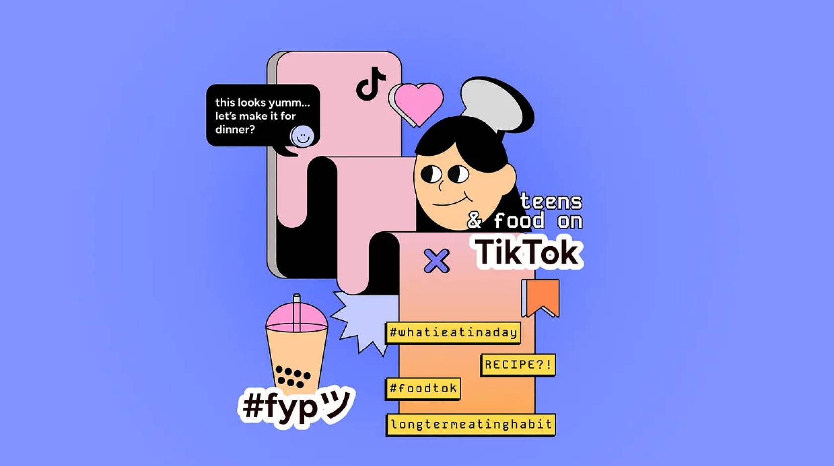 An abstract cartoon of a young woman interacting with her phone and Foodtok with hashtags and boba tea around her