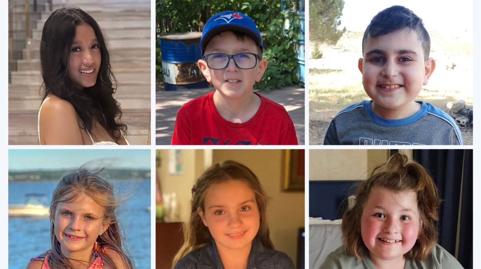 A 3x2 grid of kids' faces smiling at the camera in various settings