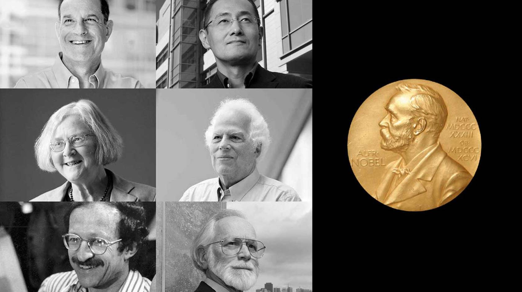 A 2x3 collage of portraits of 6 Nobelists from UCSF next to an image of a Nobel Prize