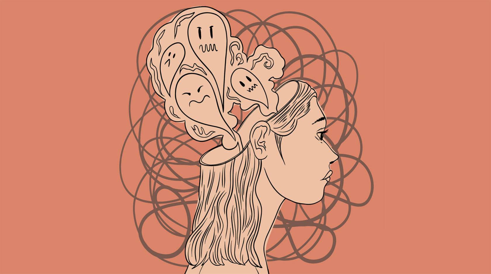 A peach-toned illustration of a woman's head in profile, with chaotic squiggles surrounding it, and ghosts floating up out of the top of her open skull