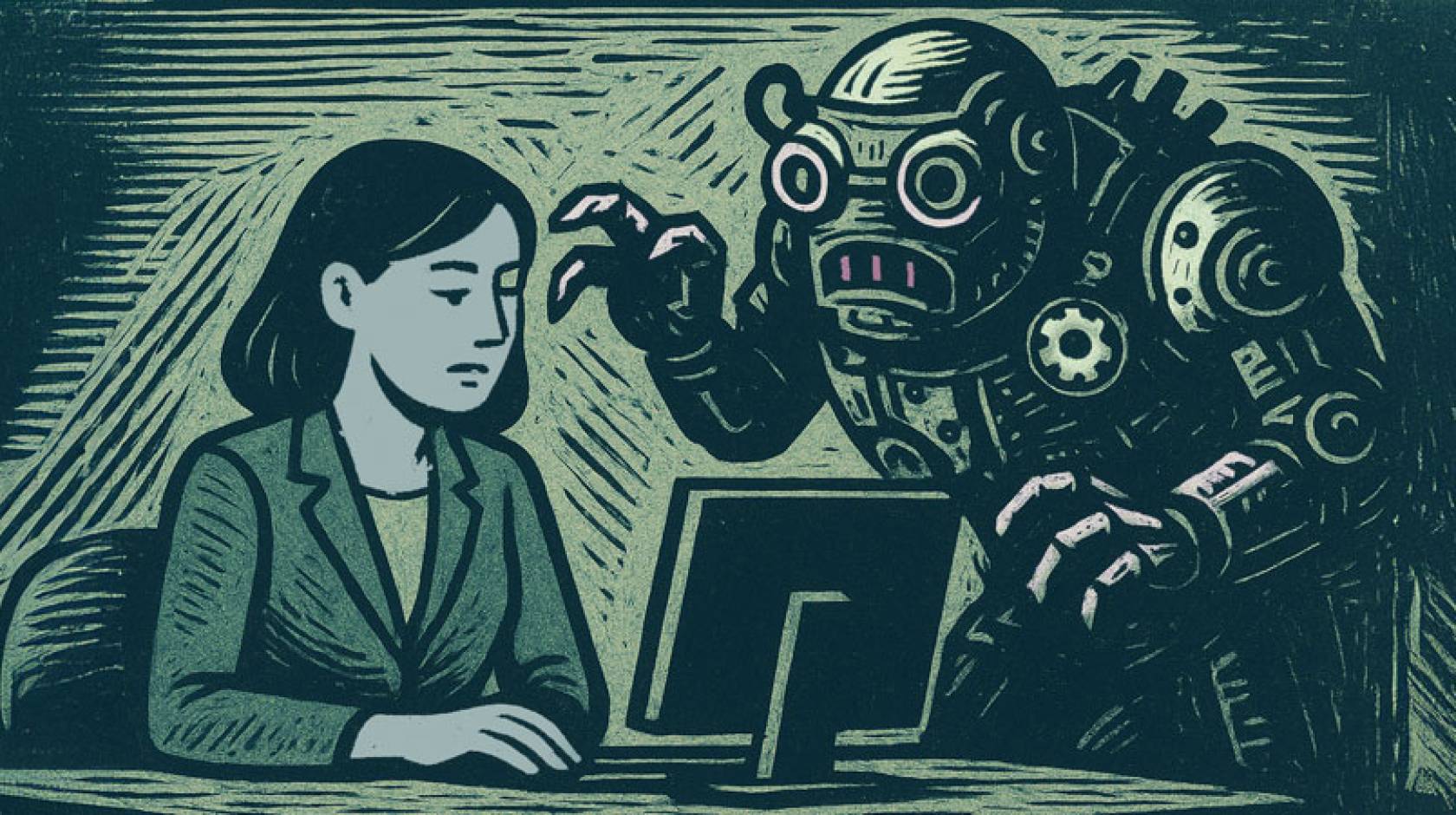 Illustration of a woman sitting at a desk looking down at her computer while a large, menacing robot looms behind her with clawed hands raised, suggesting anxiety or threat from technology.