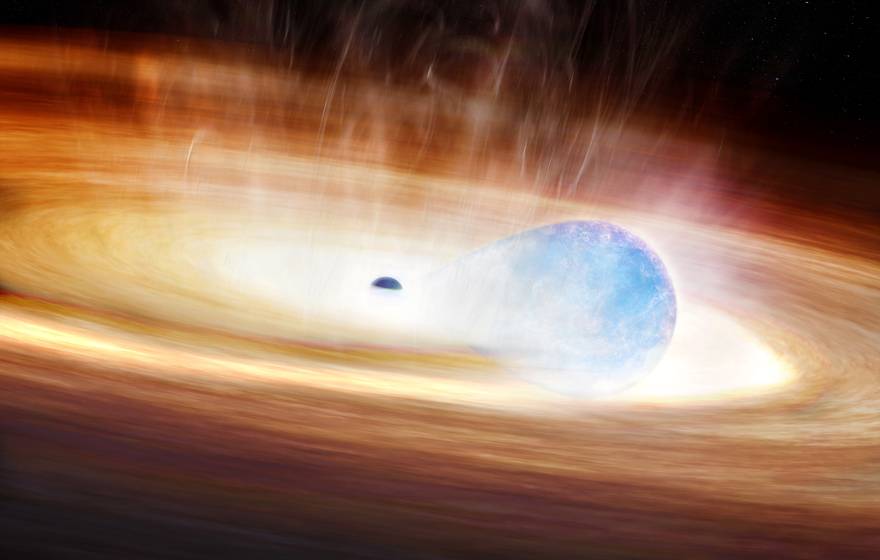 Artistic depiction of the explosive interaction between the black hole and the massive nearby star
