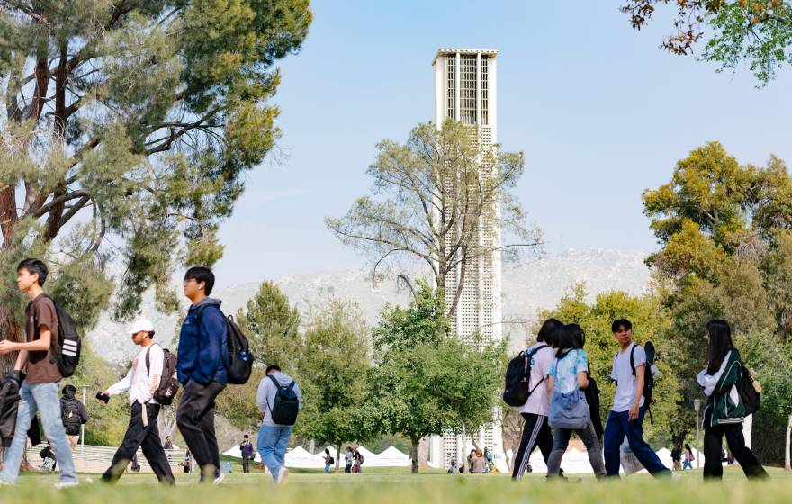 The UC Riverside Bell Tower seen through trees across campus, with students walking in the foreground