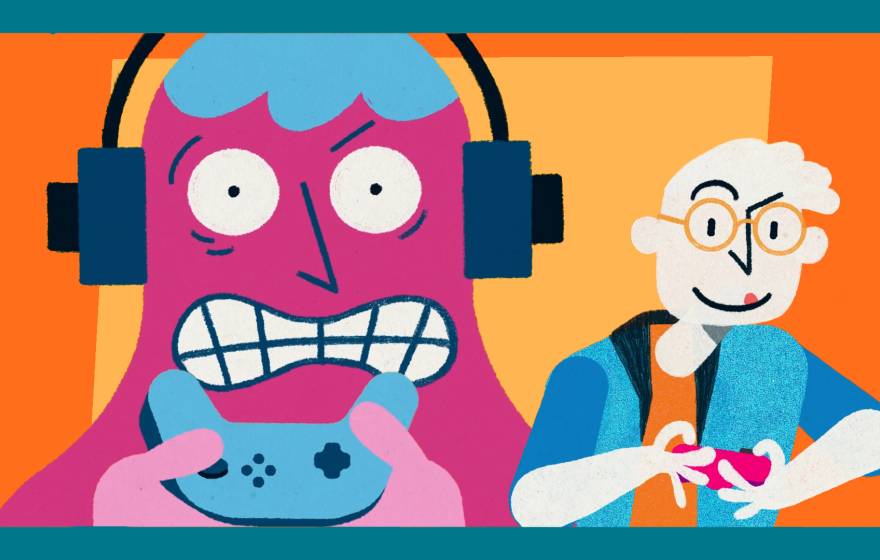 Illustration of two people playing video games. One is stressed out, the other looks relaxed.