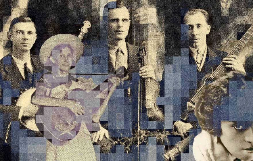 A gray and blue toned collage of old-timey photos of musicians