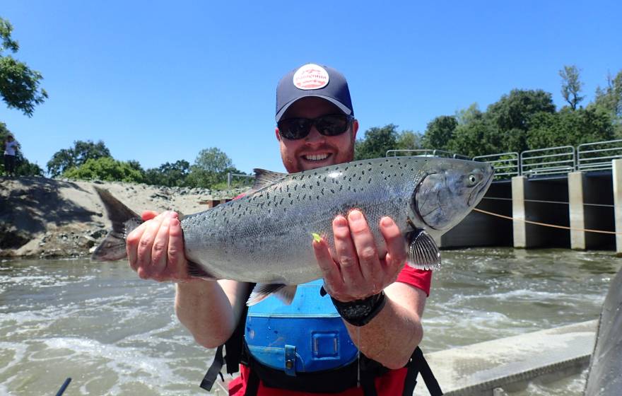 A man holds up a salmon in front of a rushing river
