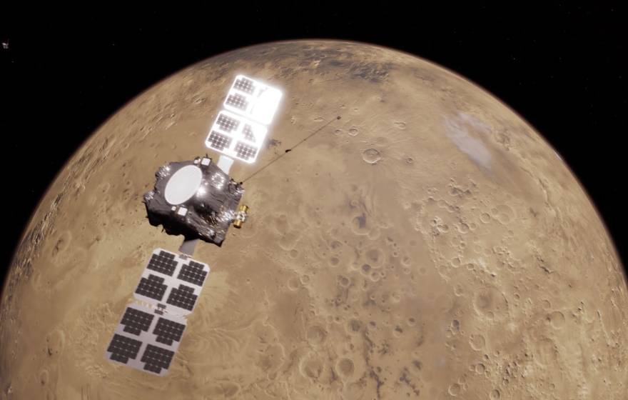 Artist's rendering of a satellite passing over the surface of Mars