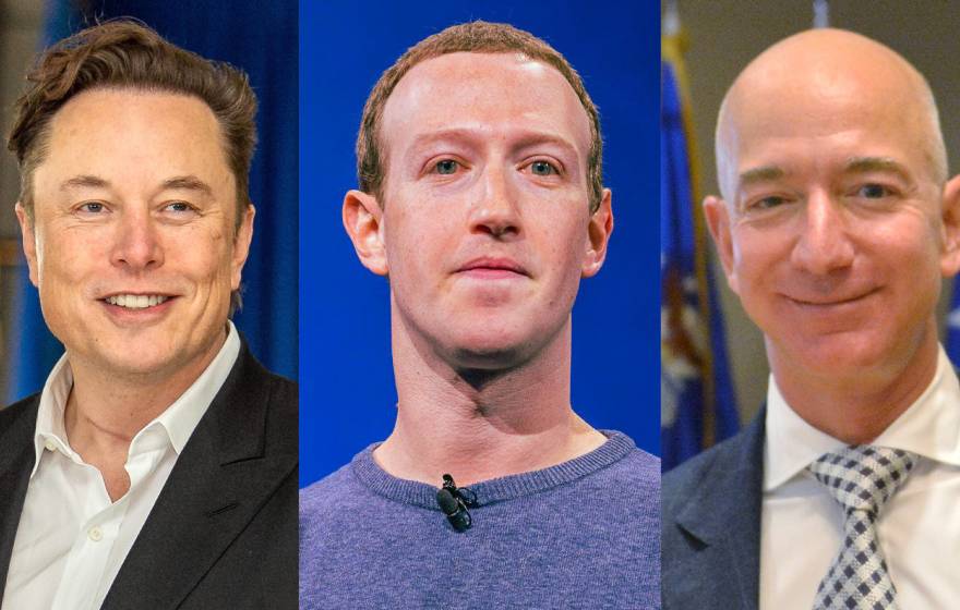 Elon Musk, Mark Zuckerberg and Jeff Bezos headshots in a collage