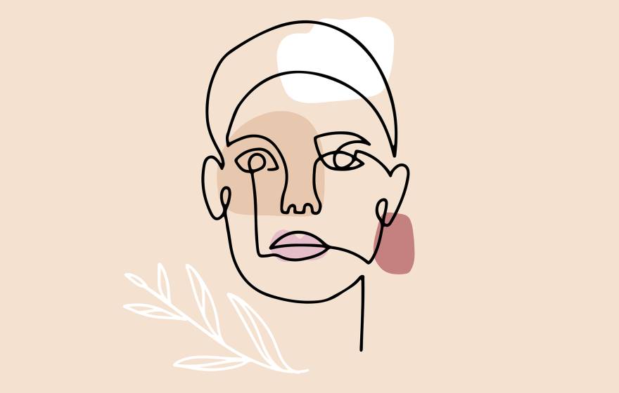 A line drawing of a woman's head on a warm beige background