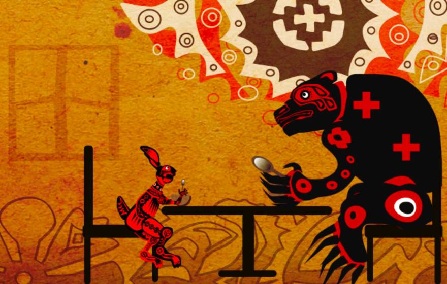 A digital illustration of a rabbit and a bear sitting at a table with Indigenous visual art patterns on their bodies