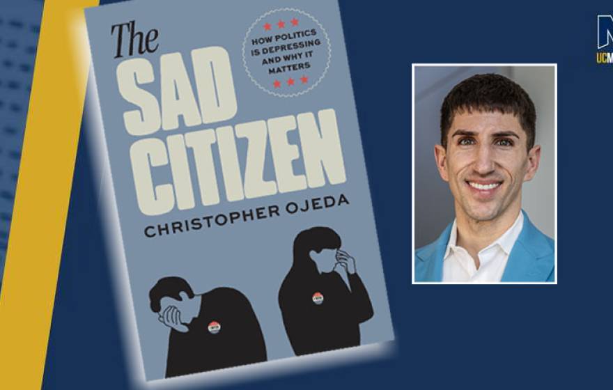 An image of a book that says The Sad Citizen, with two illustrated figures looking dramatically sad on the cover, next to a portrait of the author with a suit jacket and dress shirt on, smiling