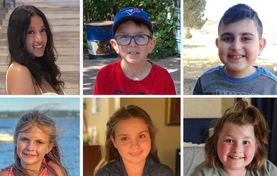 A 3x2 grid of kids' faces smiling at the camera in various settings