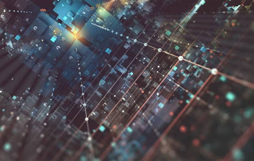 A conceptual illustration of the inside of a computer, with vector-like glowing lines running up the inside of a dark box, merging in a single glowing point in the upper left of the image